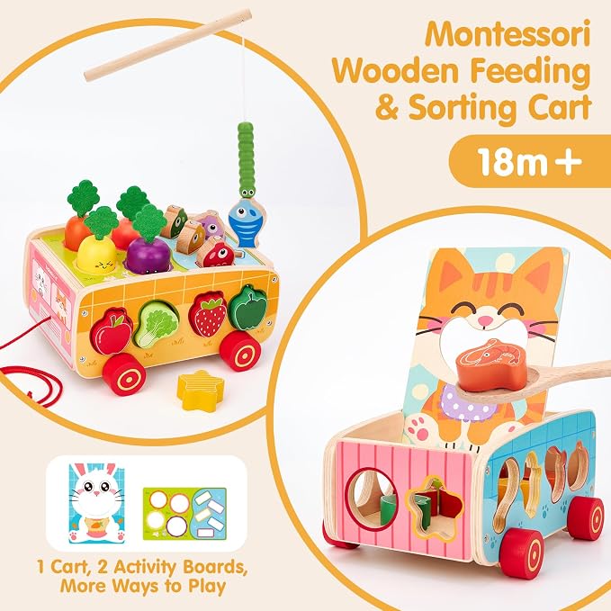 hahaland Montessori Toys 18 Month Old Girl Gifts, Wooden Toddler Toys 2-3 | Feeding Toy, Shape Sorter, Color Sorting, Magnetic Fishing, Pull Along, Fine Motor Skills Birthday Gifts