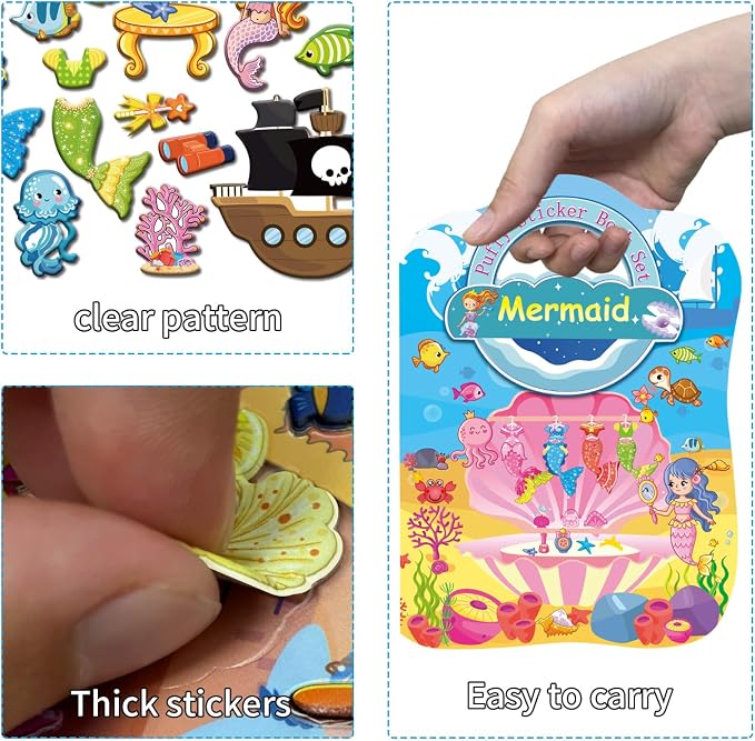 Kalysky Dress Up Sticker Books for Girls Ages 2-4 4-8, Reusable Puffy 3D Sticker Books for Toddlers 2-4 Years, Include Princess Mermaid Fairy and Fashion Girl,Activity Book for Toddlers 1-3