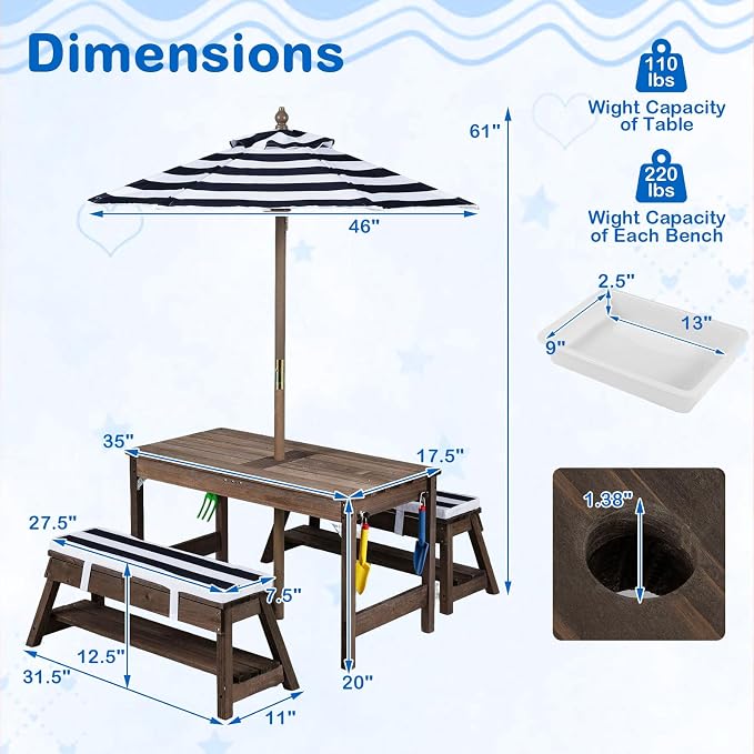 Costzon 4-in-1 Kids Picnic Table with Umbrella, Sand & Water Sensory Bins | Wooden Toddler Outdoor Table with Benches, Cushions, Cover, Gardening Tools, Kids Outdoor Furniture for Patio Backyard
