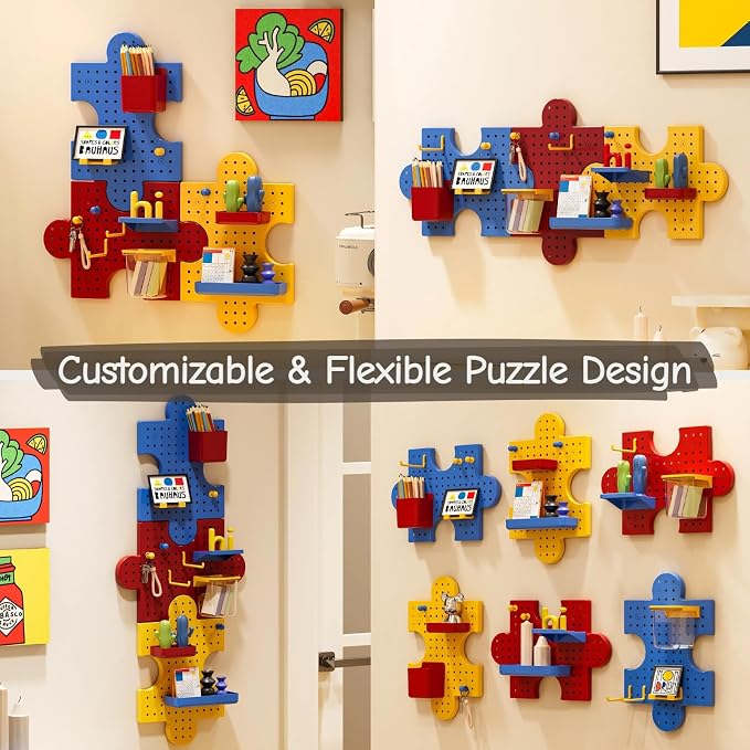 Pegboard Wall Organizer, Puzzle Modular Plastic Storage System with Hooks Shelves Boxes, Colorful Red Yellow Blue, 33.1 x 9.4 Inches, Wall Decor for Entryway Home Office Kids Room Craft Area