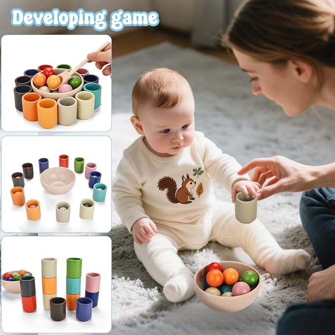 Montessori Toys 3 in 1 Wooden Learning Fine Motor Skills Toys Rainbow Color Sorting Toy for Toddlers - Preschool Color Matching, Educational Color Recognition ShapeSorter Boys Girls Gifts