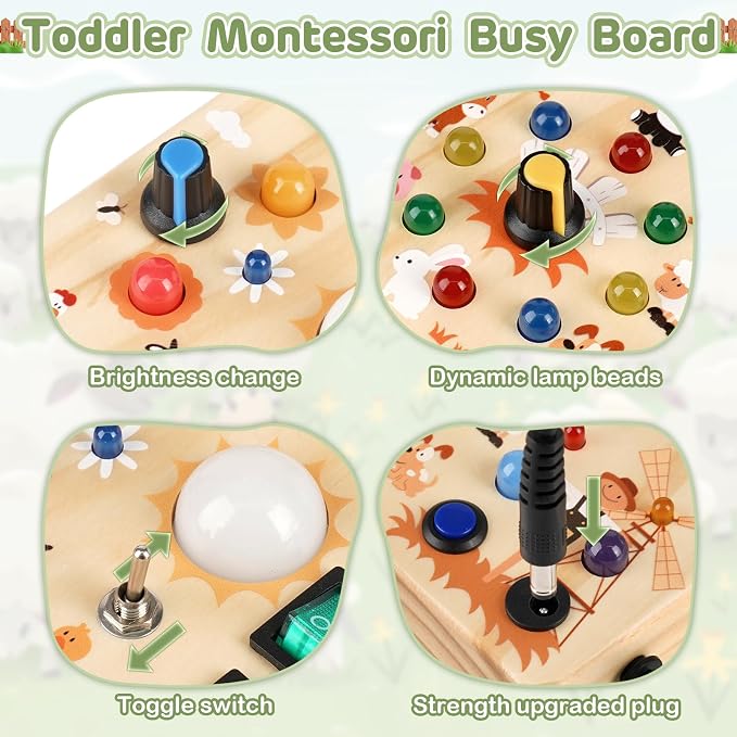 Sanlebi LED Busy Board for Toddlers 1-3,Montessori Toy with Key Switch, Light Up Wood Activity Sensory Board for Fine Motor Skills, Educational Travel Toy Gift for 1 2 3 Year Old Boys Girl