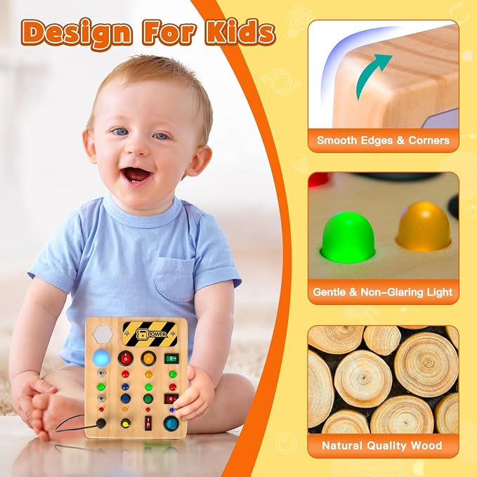 TINTECUSA Busy Board Montessori Toys for Toddler, Wooden Sensory Board Switch Toy with Shape Sorter LED Light Up Toys Educational Plane Travel Activity for Girls & Boys