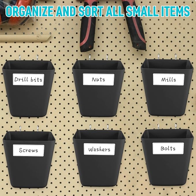 Large Pegboard Cups, 6Pack Peg Board Square Storage Bins With Hooks (Black) | Big Open-Mouth Cups, 1/8" 1/4" Pegboard Organizer Accessories, Cup Holder for Craft Garage Workbench Office Tools Supplies