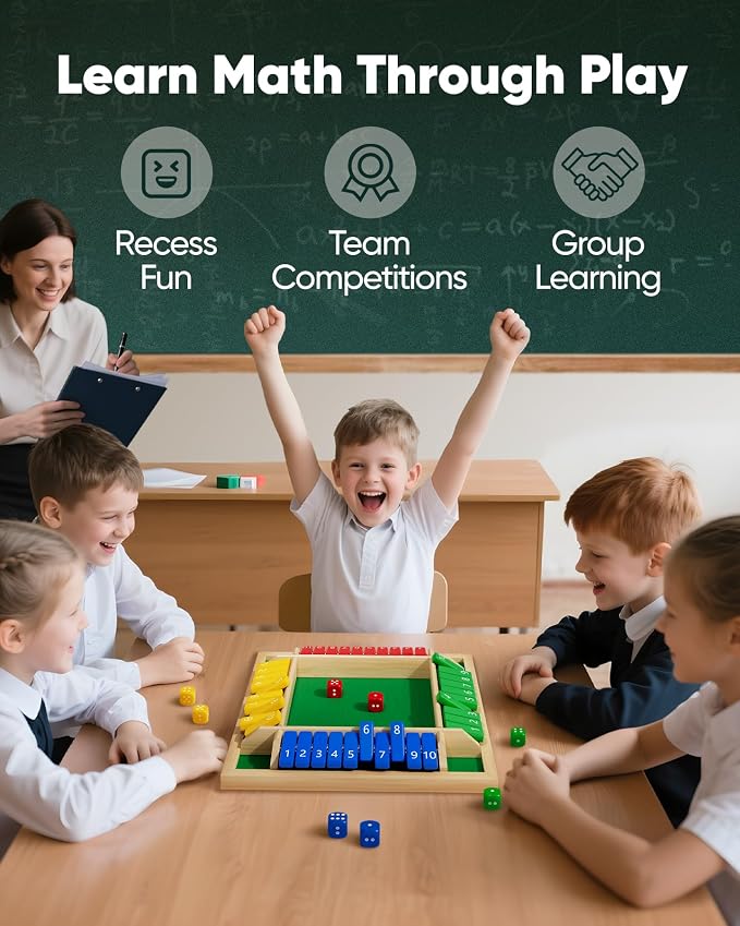 Classic Original Shut The Box Game Wooden Math Dice Board Game 2-4 Players | Table Games for Family Night Classroom Travel, Gifts for Group Kid Adult Senior, Camp Party Bar, Easy Quick and Fun