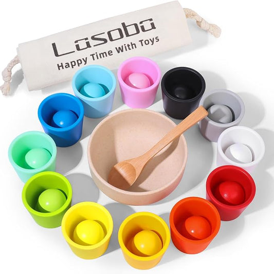 Rainbow Balls in Cups Toddler Montessori Toys (12 Balls, 1.4 in) | Color Sorting Toys for Toddlers for 3 Year Old Up, Learning Color Sorting and Counting, Kids Preschool Wooden Matching Games