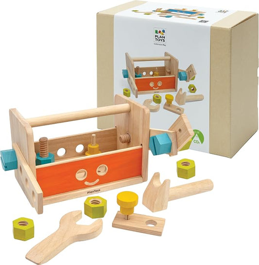 PlanToys Wooden Transforming Robot Tool Box with Wrench, Nuts & Bolts, Wooden Planks, and Shapes| Sustainably Made from Rubberwood and Non-Toxic Paints and Dyes | hammer, wrench, screwdriver, kids tool set, girls, boys, fine motor problem solving imagi...
