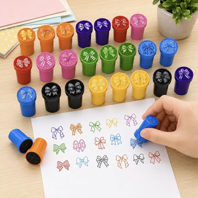 Cinrobiye 24 Pcs Bow Stampers Party Favors for Kids, Cute Pre-Inked Bow Stamps for Birthday Party, Goodie Bag Stuffers, Classroom Rewards, Carnival Prizes, Pinata Fillers, Kids Toys, Party Gifts