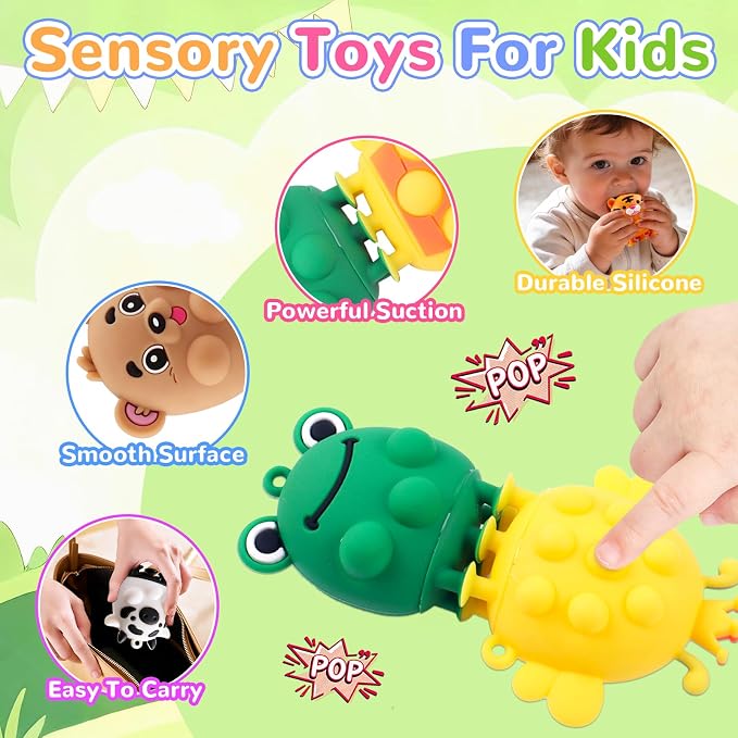 ChildFun 6 PCS Animal Suction Popper Sensory Toys, Travel Toys for Airplane & Car Activities, Silicone Pop Fidget Toys for Kids, Birthday Gifts for Girls & Boys