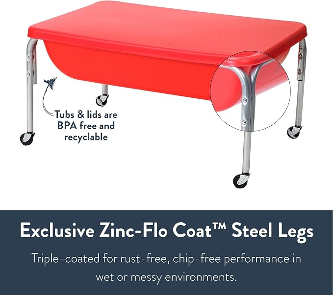 Children's Factory Medium Sensory Table and Lid – 18″ Height, Sandbox with Lid, Water Table for Kids, Red | Sandbox with Locking Casters for Indoor or Outdoor Use, Rust-Resistant Sensory Bin for Classrooms, Preschools, and Daycares