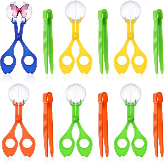 Mudder 12 Pcs Sensory Bin Tools, 6 Bug Catching Tweezers & 6 Scoopers, Hands Fine Motor Tool Set, Fine Motor Skills Toys Backyard Explorer Outdoor Tool Nature Exploration Observation