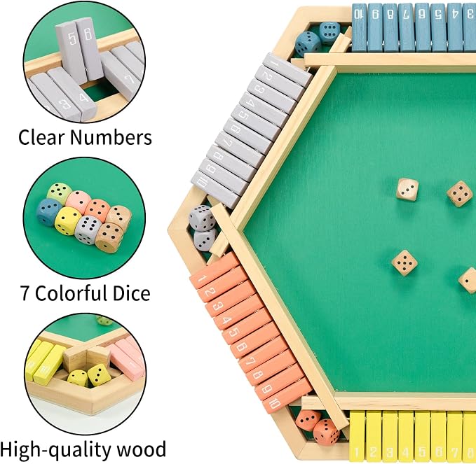 WOOD CITY Shut The Box Game Wooden for 6 Players, Close The Box Math Game for Kids Adults with 16 Dice, 6 Way Tabletop Quick Board Game for Family 3+ Years Old in Party or Pub，Morandi Color