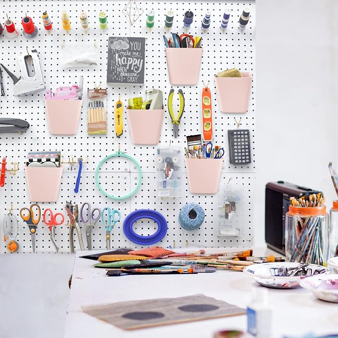 Large Pegboard Cups, 6Pack Peg Board Square Storage Bins With Hooks (Pink) | Big Open-Mouth Cups, 1/8" 1/4" Pegboard Organizer Accessories, Cup Holder for Craft Garage Workbench Office Tools Supplies
