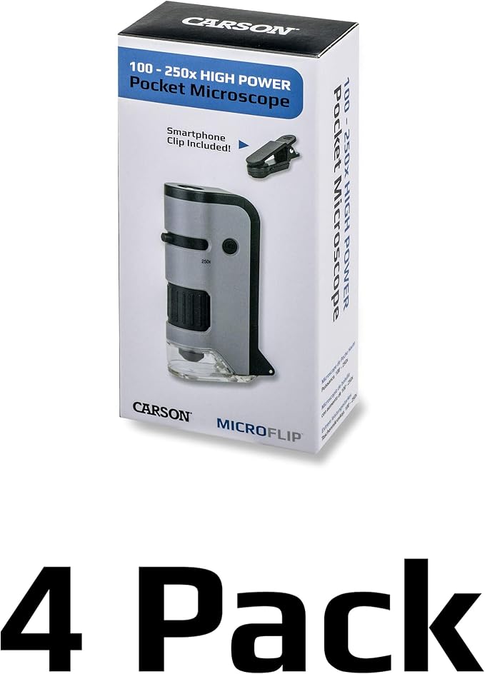 Carson MicroFlip 100x-250x LED and UV Lighted Pocket Microscope with Flip Down Slide Base and Adapter with CarsonCam Phone App - Set of 4 (MP-250MU) | STEM Handheld Microscope Set with Smartphone Adapter Clip for Digiscoping, Flip Down Slide Base - Set...