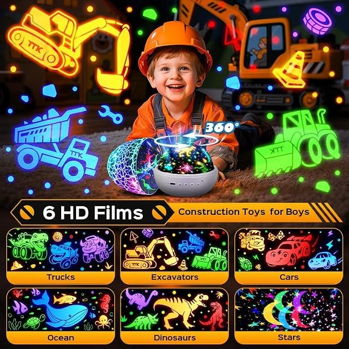 Excavator Construction Toy Projector, 15 Sounds & 6 Films Truck Night Light | Excavator Toys for 4 year old Boys, White Noise Dinosaur Egg Night Light for Kids Room Decor,31 Color Remote Timer Brightness