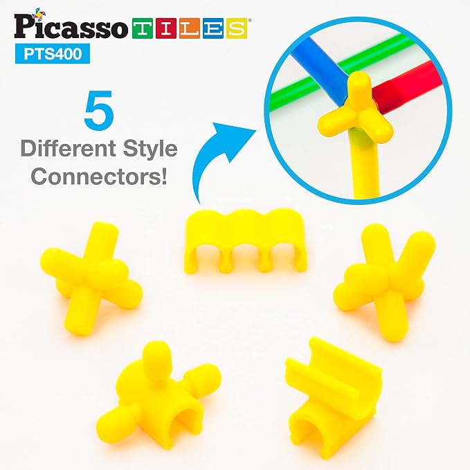 PicassoTiles 400 Piece Straws and Connectors, STEM Construction Set Ages 3+ | Interlocking builder pieces, creative early education kit, hands-on engineering play, screen-free fun for curious young kids
