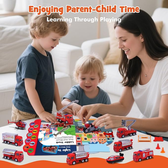 iGRATENS Fire Truck Toys with Sounds Book, 10 Alloy Toy Trucks | Fire Vehicle Board Book with 10 Buttons, Realistic Sound Effects, Exquisite Illustrations, Great for Little Truck Lovers Kids