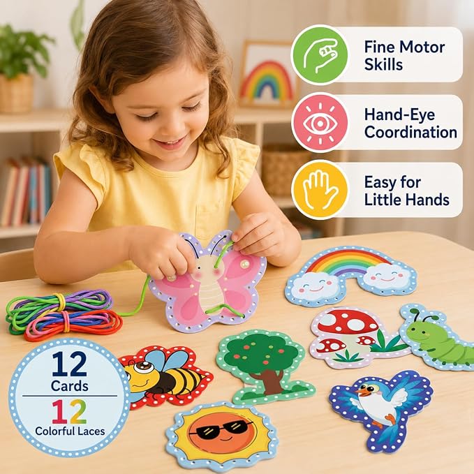 Lacing Cards for Toddlers Fine Motor Skills Montessori Travel Activities | Summer Theme Double-Sided Sewing Cards with Colorful Laces Classroom Supplies Quiet Time Educational Games for Kids ﻿