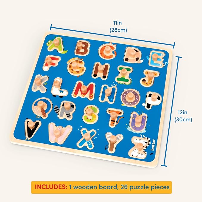 Battat Wooden ABC Peg Puzzle, Critter Alphabet Learning Toy, Alphabets | 27-piece wooden alphabet puzzle with 1 board and 26 letter pegs, colorful critter matching play, fine motor, 2+ Years