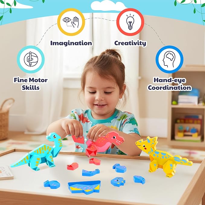 JoyCat Magnetic Wooden Dinosaur Building Toys for Toddlers 1-3 | Set of 4 Build and Take Apart Dinosaurs, Montessori STEM Fine Motor Toy, Gifts for Boys and Girls