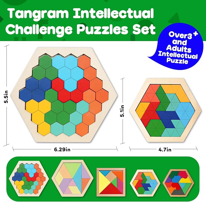 5 Pack Wooden Puzzle Set - STEM Brain Teaser Tangram Games for Kids Ages 3+ | Montessori Educational Toy, Geometric Shape Blocks, Logic IQ Game, Ideal Gift for Kids Teens Adults