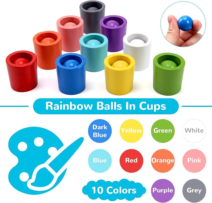 Color Sorting Toys, Wooden Montessori Rainbow Matching Game for Kids 3+ | 10 sorting cups, wooden rainbow balls, wooden spoon, plastic tongs, storage box, for color matching and fine motor play
