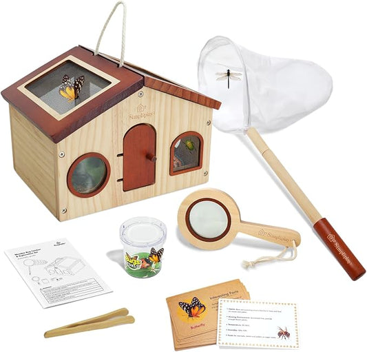 SimpliPlay Kids Explorer Kit & Bug Catcher for Kids, Outdoor Toys | Portable Wooden Bug Habitat, Butterfly Net, Magnifier, Observation Cup, 15 Insect Cards for Toddler 3-8 Year Old Boy Gift