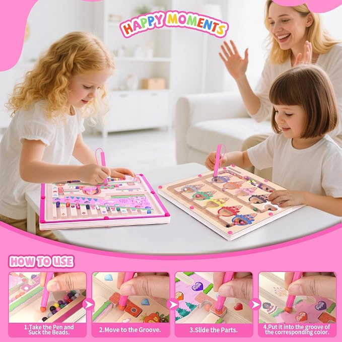 wakeInsa 2 in 1 Magnetic Color and Number Maze,Montessori Toy for Toddler Girls,Wooden Magnet Balls Puzzles,Toddler Busy Board Game,Preschool Learning Activities (Princess & Ice Cream)
