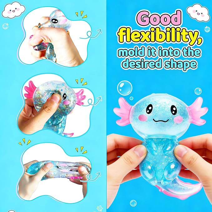 2 Pcs Axolotl Squishy Stress Relief Toy, Stretchy Axolotls Stress Soft Squeeze Sensory Fidget Toys for Kids Adults, Cute Axolotls Squishies Party Favors Classroom (BluePink)