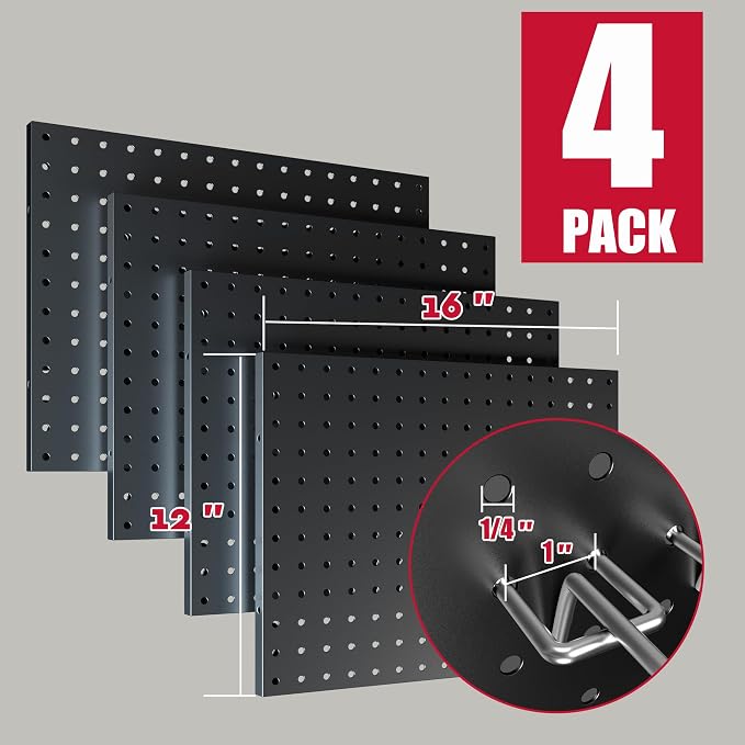 Spampur Peg Board, 4 Pack Metal Pegboard Wall Organizer with Accessories | Black Pegboard Panels with 50 Pcs Hooks and Baskets, Wall Organizer for Office, Craft Room Organization, Garage, Sewing Room