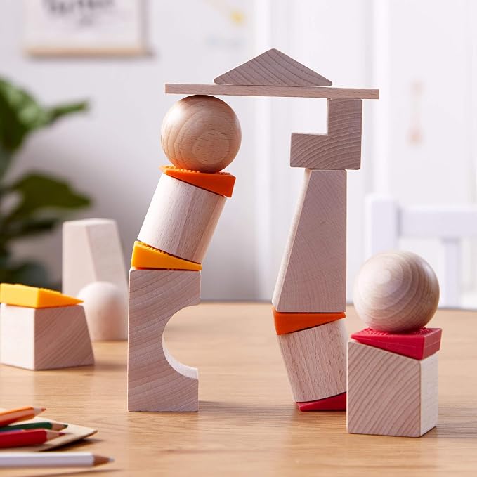 HABA Wooden Blocks Set Teetering Towers with Pattern Cards, Wood Block Set for Ages 4-8 for Fine Motor Skills, Made in Germany Creative Stacking Toy