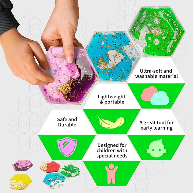 LONGKING 4-Pack Hexagon Liquid Tiles for Kids, Soft Gel Liquid Sensory Toys for Autistic Children, Sensory Mats, Sensory Toys for Toddlers 3-4 | Sensory floor tiles, soft liquid gel, color movement play mat, playroom classroom daycare, 4-pack