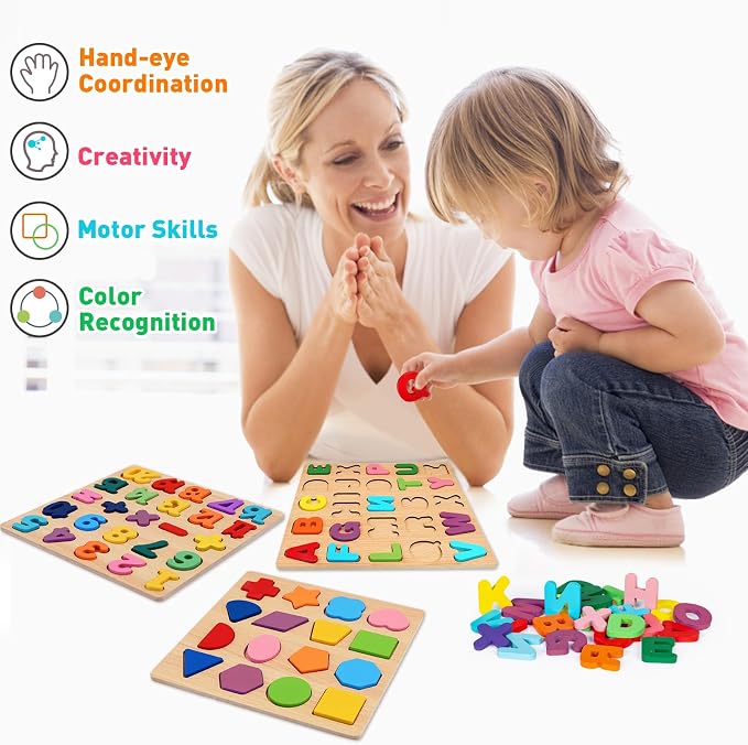 Attmu Alphabet Wooden Puzzles for Toddlers 3 Pcs ABC Shape Number Puzzle | Learning Toys for Kids, Preschool Educational Activities Toddler Gift Toys for Girls Boys Christmas Valentines Easter
