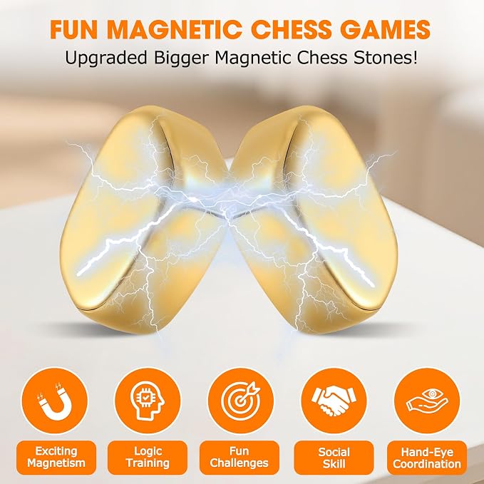 Upgraded Magnetic Chess Game Set with 20 Larger Golden Stones & Rope, Portable Magnet Game, Fun Strategy Puzzle for Kids & Adults, Family Party Travel Cluster Game