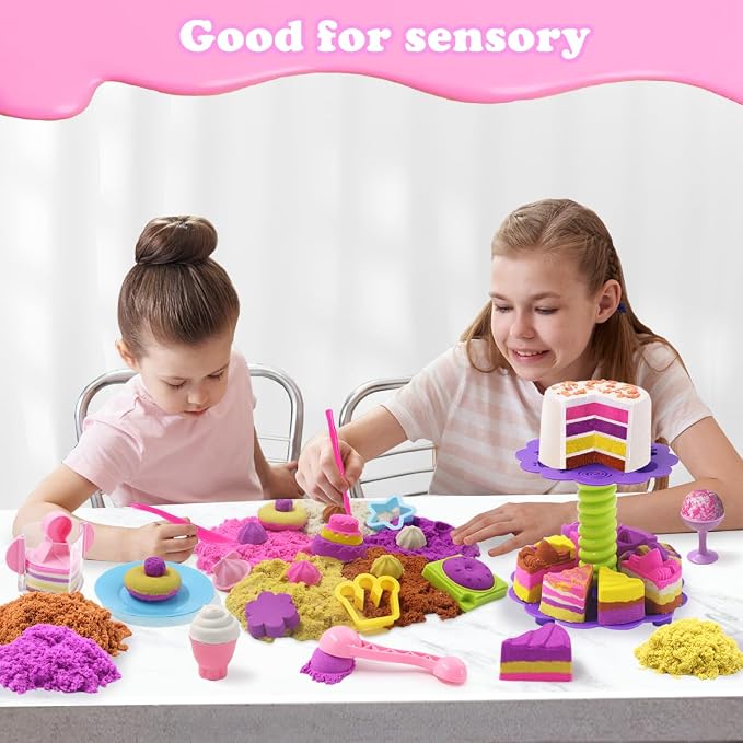 Bakery Sensory Sand Kit - 40PCS Baking & Ice Cream Shop for Girls, 2lbs Colorful Magic Sand, Cake/Cookie/Waffle/Ice Cream Molds, Tools, Portable Storage | Creative STEM Gift for Kids Ages 3-8