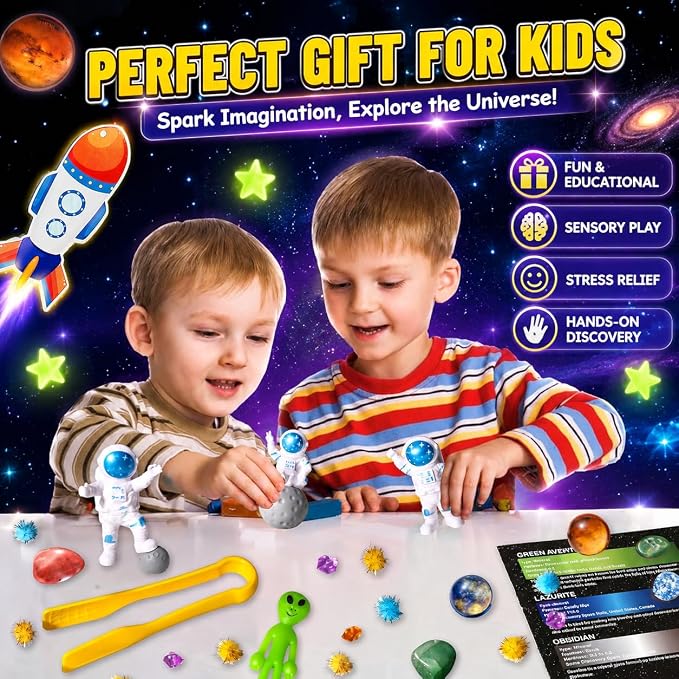 Carolart Galaxy Sensory Bin with Sensory Sand, Gem Dig Kit for Kids | Space sensory kit with alien, STEM toys science kit with real gemstones, gift for boys ages 3-8