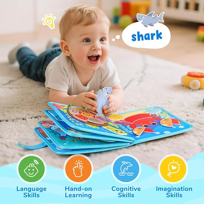 JoyCat Ocean Busy Book for Toddlers 1-3, Montessori Travel Activity Book | Ocean busy book with sea animal activities helps toddlers practice life skills, fine motor skills and quiet travel play.