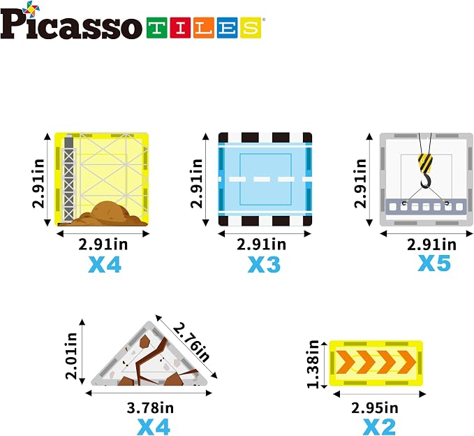 PicassoTiles Magnetic Tile Construction Set with 8 Vehicle Figures and 18 Printed Panels STEM Educational Building Kit for Kids Age 3 Plus Creative Play Learning Blocks Motor Skills Development PTQ21