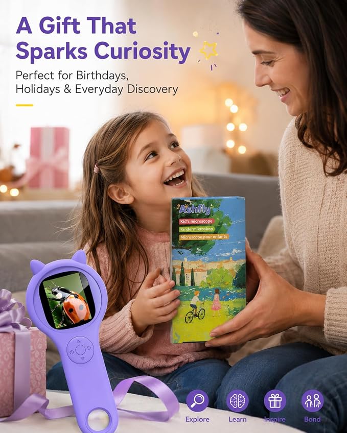 Ashfly Kids Microscope, 500X Digital Magnifying Glass, STEM Toy, Purple | 2-inch IPS Screen, 8 Adjustable LEDs, Macro Autofocus, Built-in Photo Storage, USB-C Charging and Windows PC Viewing