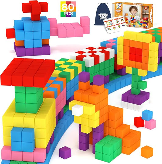 TOY Life Primary Magnetic Blocks, 80-Piece STEM Set, Ages 3-8 | bright ABS cubes, storage bag and idea guide, strong connections, creative play