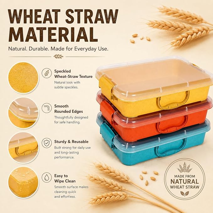 FIIOEOY 3 Pack 4 Qt Sensory Bin with Lid & 3 Stickers,Stackable Sensory Bin | Wheat Straw, Portable Sandbox, Organizers for Toys, Sand, Arts, Crafts, (Yellow, Orange, Blue)