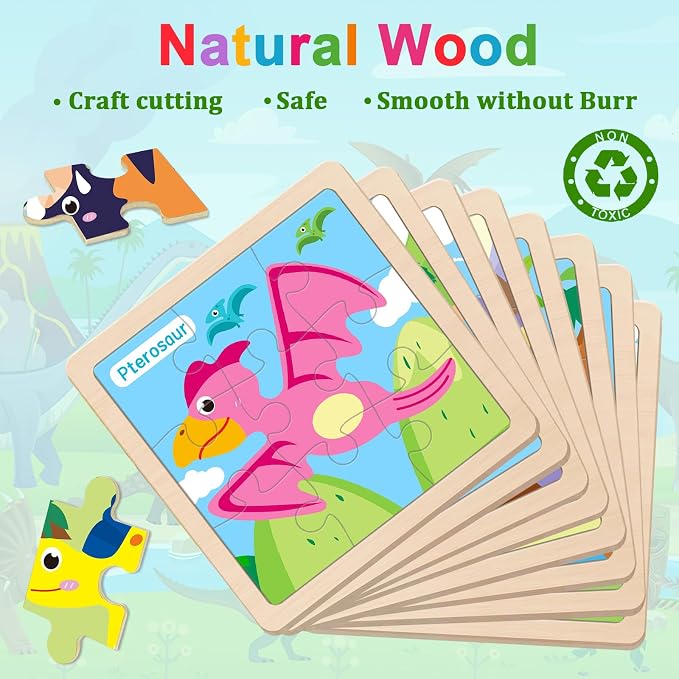 Wooden Puzzles for Toddlers 3+, 9 Pieces Dinosaur Jigsaw Puzzles for Kids Ages 3-5, Preschool Learning Activities, Learning & Educational Toys, Gifts for Boys, Girls