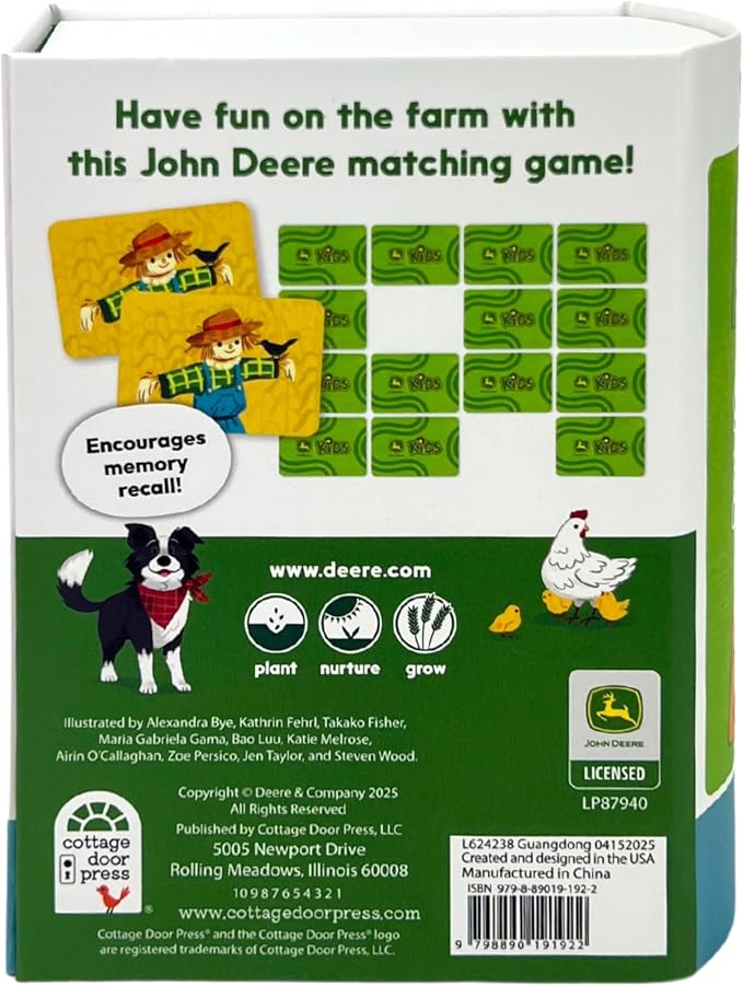 Cottage Door Press John Deere Memory Matching Game for Kids Ages 3+ 72 Large Thick Cards Including Farm Animals and Tractors in a Sturdy Compact Box