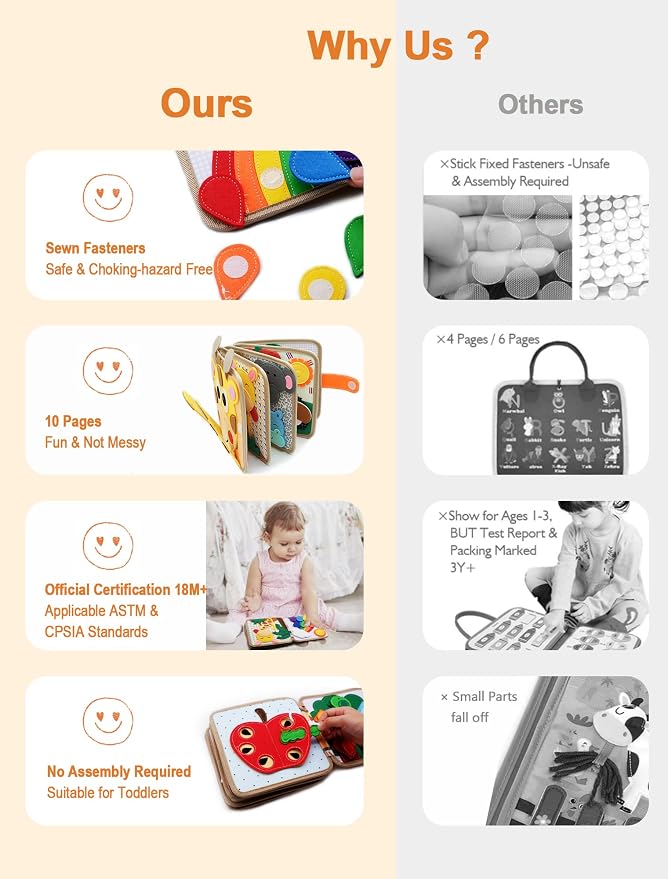 BizyKoady Busy Book for Toddlers 1-3, Montessori Toys for 1 Year Old, Kids Travel Toys, Educational Activity Book, Birthday Gifts for Boys & Girls, Washable Felt Busy Board, Giraffe