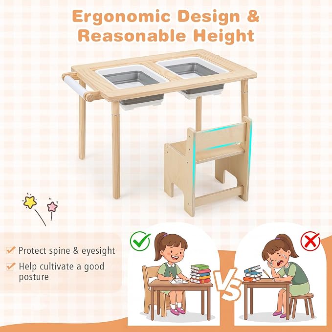 HONEY JOY Sensory Table and Chair Set, Wooden Sand & Water Activity Set w/Adjustable Height, Dual Sided Top, 2 Bins, Paper Roll & 2 Hooks for Art, Study, Craft, Gift for Boys Girls 3+