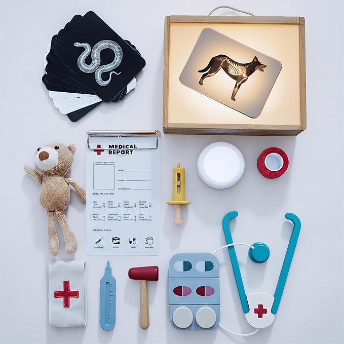 Macabaka Doctor Kit for Toddlers 3-5, Pet Vet Pretend Play Toys for Kids, with X-Ray, Wooden Light Box, Medical Tools, STEM Educational Montessori Toys