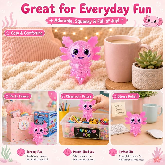 Axolotl Squishy Stress Ball, Soft TPR Slow Rising Squeeze Toy, Cute Axolotl Fidget Toy for Stress Relief, Anxiety Calming Sensory Toy for Kids Adults(Pink BigEars Axolotl)