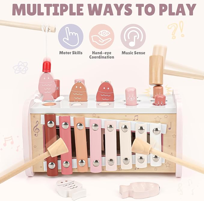 Joyreal Pink Wooden Montessori Toys for 1 Year Old Hammering Pounding Toys | Xylophone, Fishing Game, Gears, Toddler Learning Activities for Kids, Christmas Birthday Gifts for 1+ 2 3 Year Old Girls