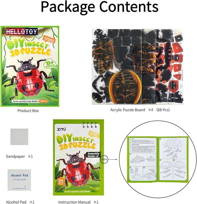 3D Acrylic Insect Puzzle DIY Bug Model Kit Animal STEM Gift | Building Kits Crafts Figurine Sculpture Nature Decoration Educational Display Toys for Kids Teens and Adults (Ladybug)