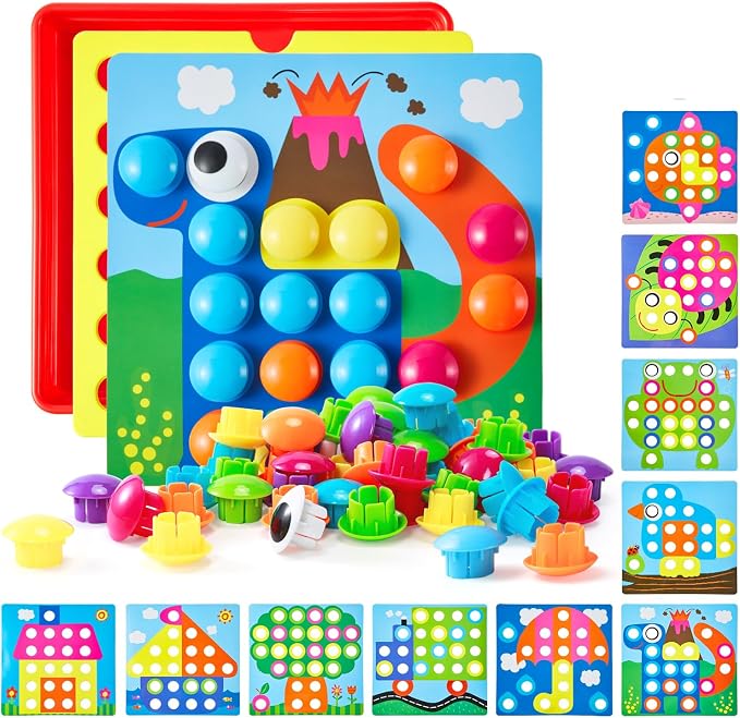 Geekper 68PCS Button Art Toys for Toddlers Color Matching Mosaic Pegboard | Early Learning Educational Toys for 3, 4, 5, 6 Year Old Kids Boys and Girls Easter Gifts, 10 Pictures and 58 Buttons
